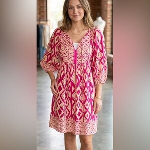 Qearal V Neck 3/4 Sleeve Boho Floral Printed Loose Short Summer Dress Size L